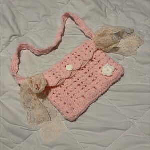 Handmade Pink Crochet Mini Bag with Lace Accents
